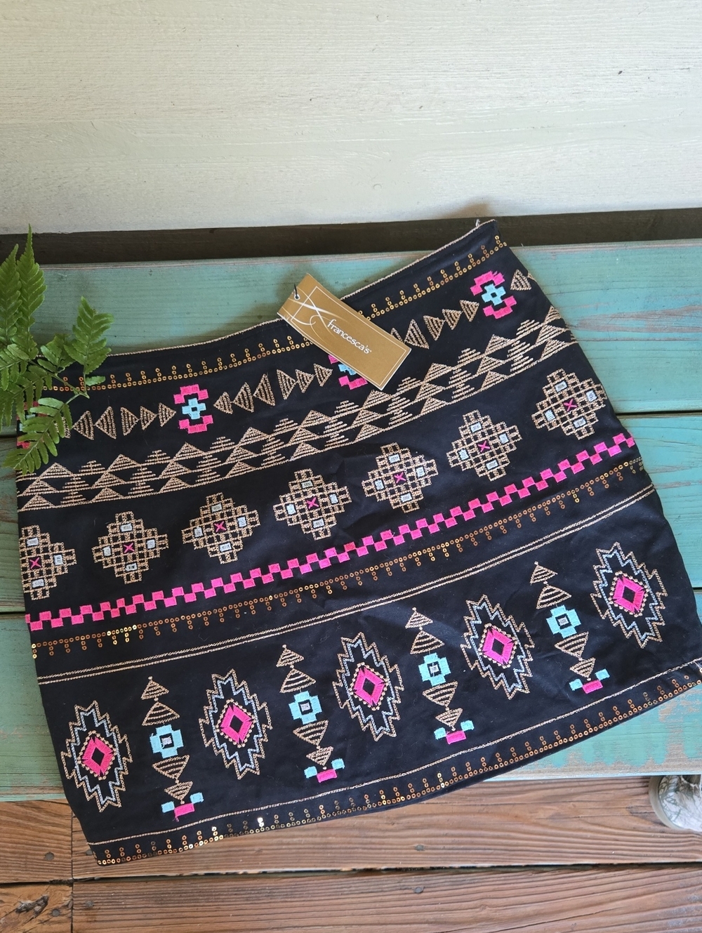 Francesca's Collections Black Mini Skirt with Pink & Aqua Embroidery